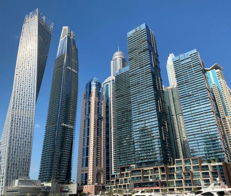 Impressive skyline featuring modern skyscrapers in Dubai on a clear day.
